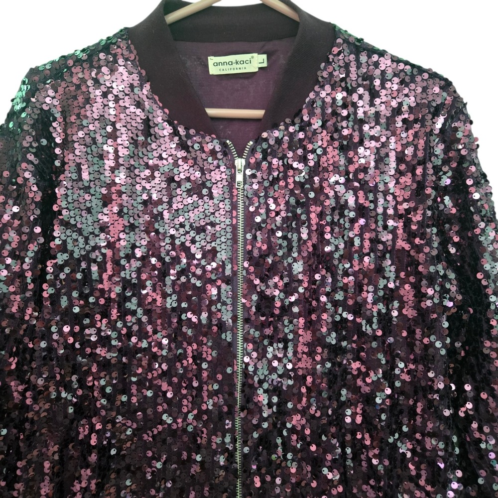 Anna-Kaci Womens Sequin Bomber Jacket Plum Purple Sparkle Shine Y90316 Size L